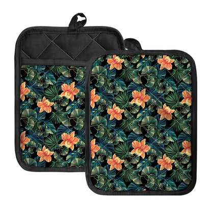 Tropical Leaf And Hawaiian Flower Print Pot Holders With Pocket