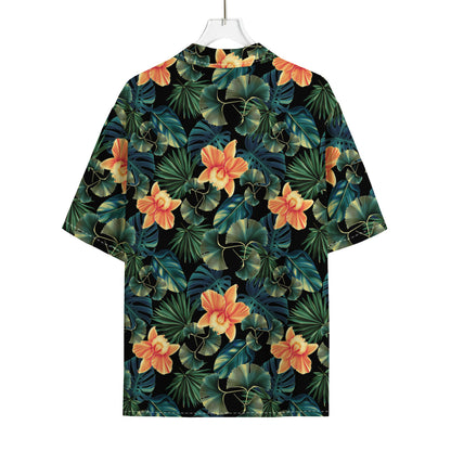 Tropical Leaf And Hawaiian Flower Print Rayon Hawaiian Shirt