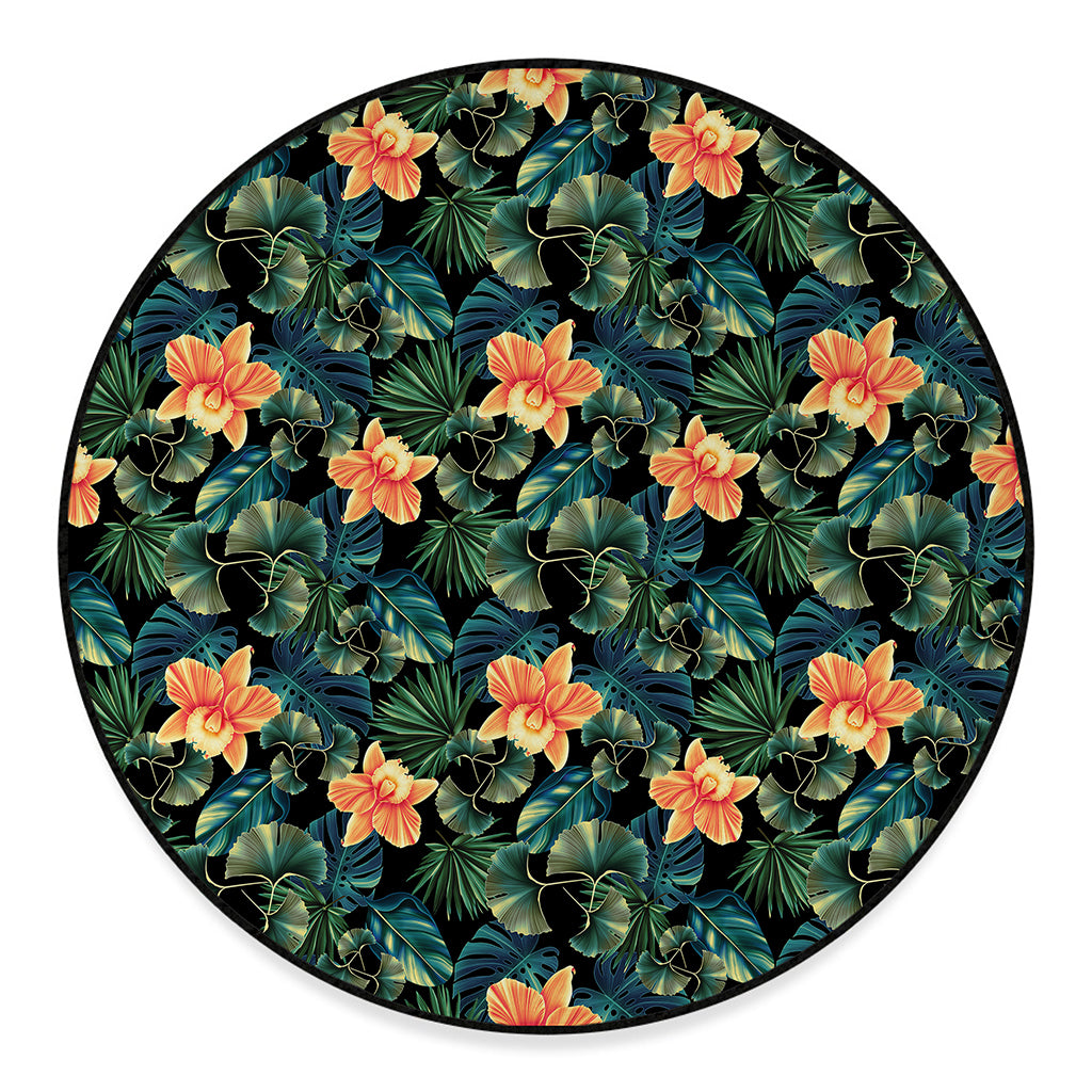 Tropical Leaf And Hawaiian Flower Print Round Floor Mat