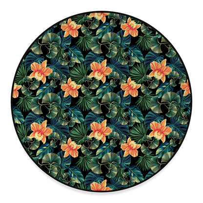 Tropical Leaf And Hawaiian Flower Print Round Floor Mat