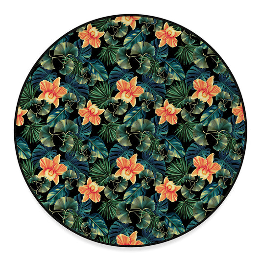 Tropical Leaf And Hawaiian Flower Print Round Floor Mat