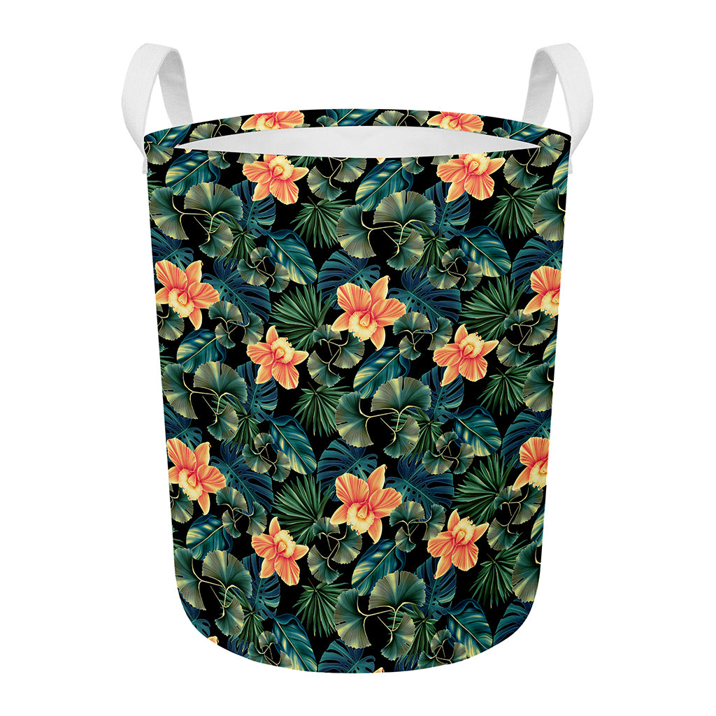 Tropical Leaf And Hawaiian Flower Print Round Laundry Basket