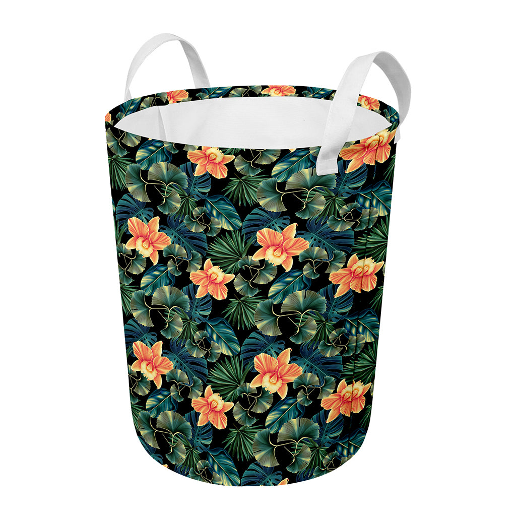 Tropical Leaf And Hawaiian Flower Print Round Laundry Basket