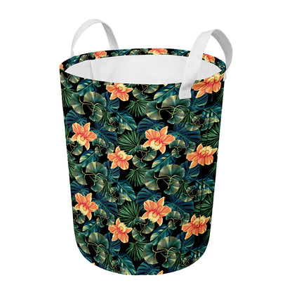 Tropical Leaf And Hawaiian Flower Print Round Laundry Basket