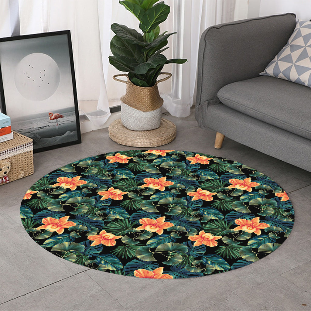 Tropical Leaf And Hawaiian Flower Print Round Rug