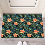 Tropical Leaf And Hawaiian Flower Print Rubber Doormat