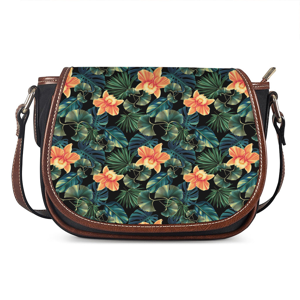 Tropical Leaf And Hawaiian Flower Print Saddle Bag