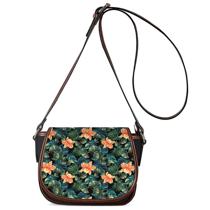 Tropical Leaf And Hawaiian Flower Print Saddle Bag