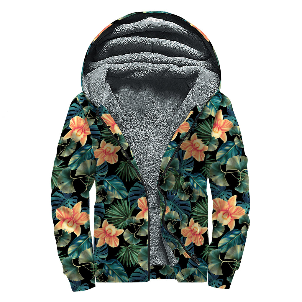 Tropical Leaf And Hawaiian Flower Print Sherpa Lined Zip Up Hoodie