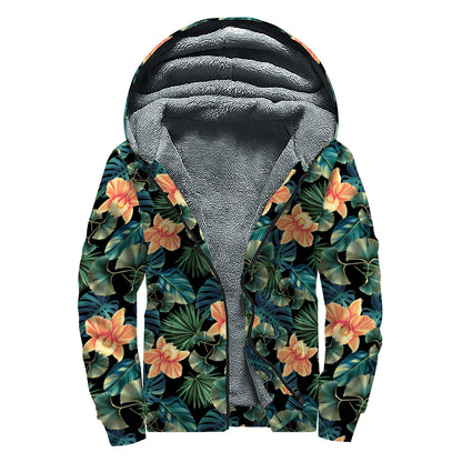 Tropical Leaf And Hawaiian Flower Print Sherpa Lined Zip Up Hoodie