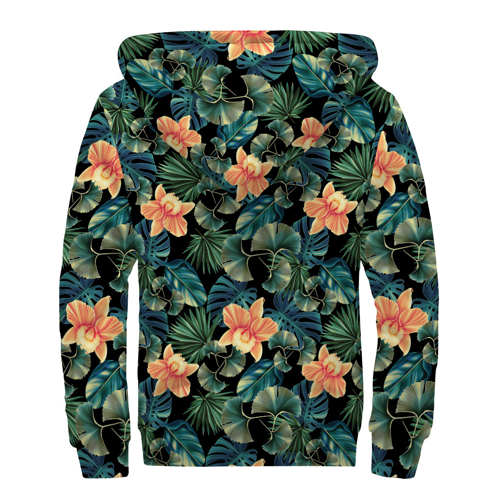 Tropical Leaf And Hawaiian Flower Print Sherpa Lined Zip Up Hoodie