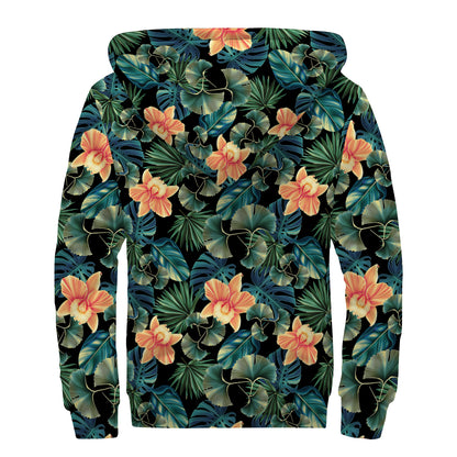 Tropical Leaf And Hawaiian Flower Print Sherpa Lined Zip Up Hoodie