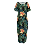 Tropical Leaf And Hawaiian Flower Print Short Sleeve Long Nightdress