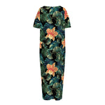 Tropical Leaf And Hawaiian Flower Print Short Sleeve Long Nightdress