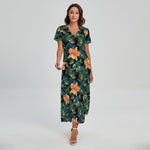Tropical Leaf And Hawaiian Flower Print Short Sleeve Maxi Dress