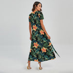 Tropical Leaf And Hawaiian Flower Print Short Sleeve Maxi Dress