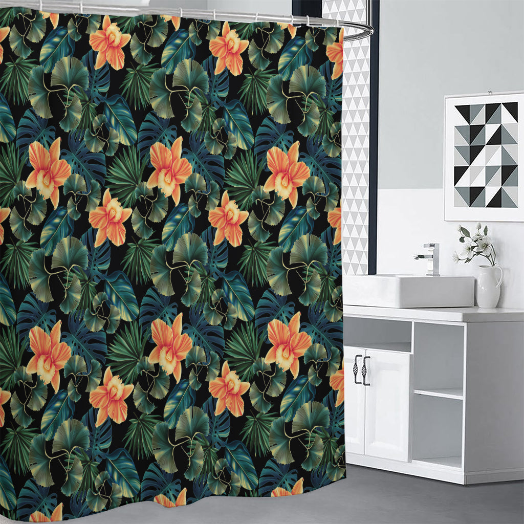 Tropical Leaf And Hawaiian Flower Print Shower Curtain