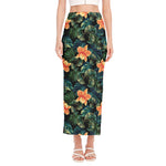 Tropical Leaf And Hawaiian Flower Print Side Slit Maxi Skirt