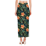 Tropical Leaf And Hawaiian Flower Print Side Slit Maxi Skirt