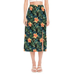 Tropical Leaf And Hawaiian Flower Print Side Slit Midi Skirt