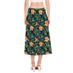 Tropical Leaf And Hawaiian Flower Print Side Slit Midi Skirt