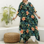 Tropical Leaf And Hawaiian Flower Print Silk V-Neck Kaftan Dress