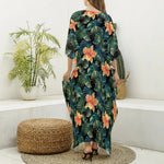 Tropical Leaf And Hawaiian Flower Print Silk V-Neck Kaftan Dress