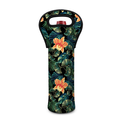 Tropical Leaf And Hawaiian Flower Print Single Neoprene Wine Tote