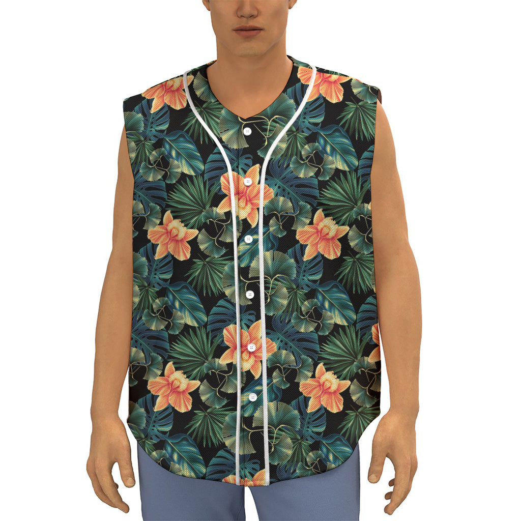 Tropical Leaf And Hawaiian Flower Print Sleeveless Baseball Jersey