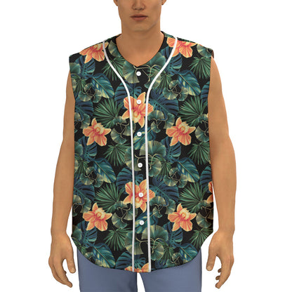 Tropical Leaf And Hawaiian Flower Print Sleeveless Baseball Jersey