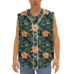 Tropical Leaf And Hawaiian Flower Print Sleeveless Baseball Jersey
