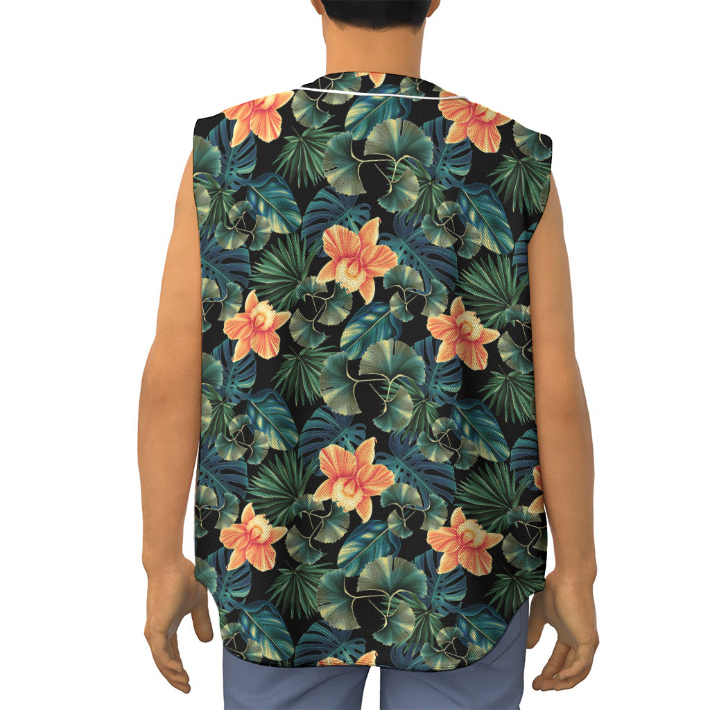Tropical Leaf And Hawaiian Flower Print Sleeveless Baseball Jersey