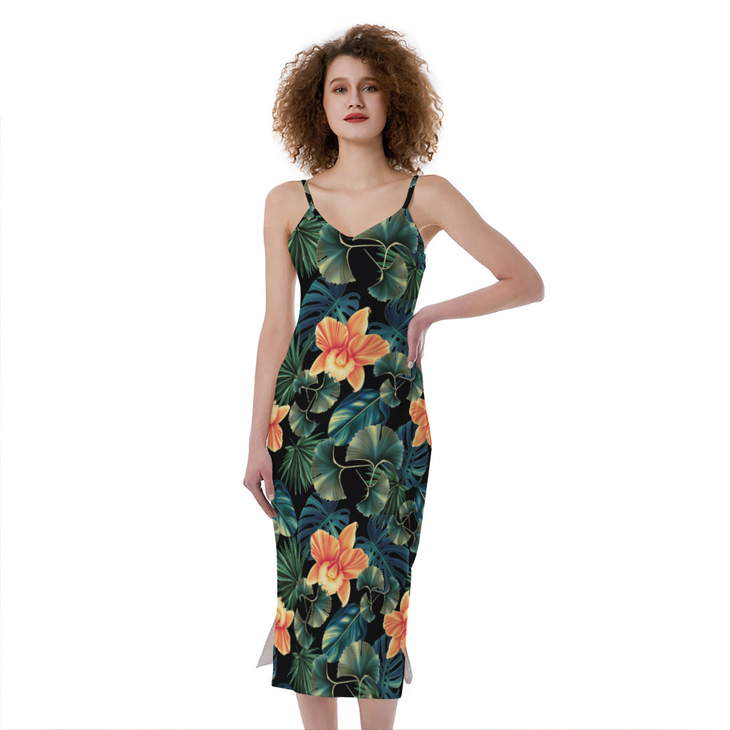 Tropical Leaf And Hawaiian Flower Print Slim Fit Midi Cami Dress Tropical Leaf And Hawaiian Flower Print Slim Fit Midi Cami Dress