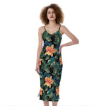 Tropical Leaf And Hawaiian Flower Print Slim Fit Midi Cami Dress