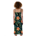 Tropical Leaf And Hawaiian Flower Print Slim Fit Midi Cami Dress