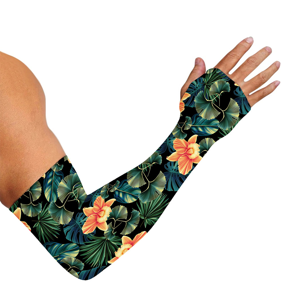 Tropical Leaf And Hawaiian Flower Print Sun Protection Arm Sleeves