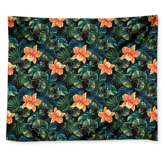Tropical Leaf And Hawaiian Flower Print Tapestry