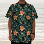 Tropical Leaf And Hawaiian Flower Print Textured Short Sleeve Shirt