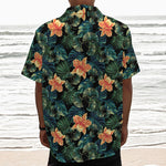 Tropical Leaf And Hawaiian Flower Print Textured Short Sleeve Shirt