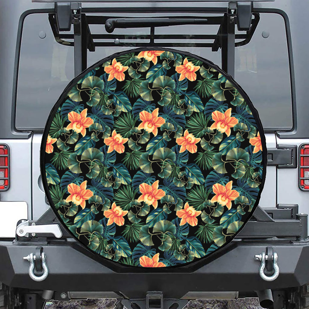 Tropical Leaf And Hawaiian Flower Print Tire Cover