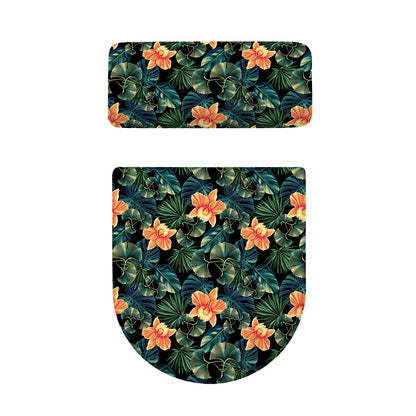 Tropical Leaf And Hawaiian Flower Print Toilet Lid And Tank Cover Set
