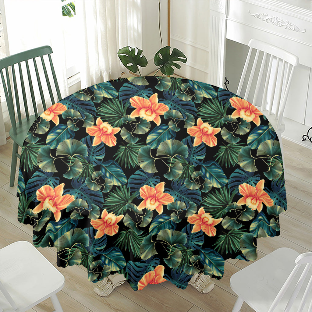 Tropical Leaf And Hawaiian Flower Print Waterproof Round Tablecloth