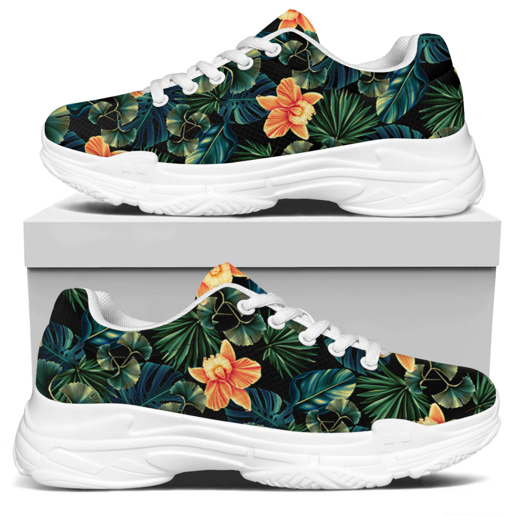 Tropical Leaf And Hawaiian Flower Print White Chunky Shoes