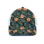 Tropical Leaf And Hawaiian Flower Print White Mesh Trucker Cap