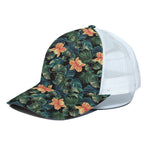 Tropical Leaf And Hawaiian Flower Print White Mesh Trucker Cap