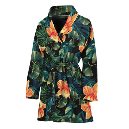 Tropical Leaf And Hawaiian Flower Print Women's Bathrobe
