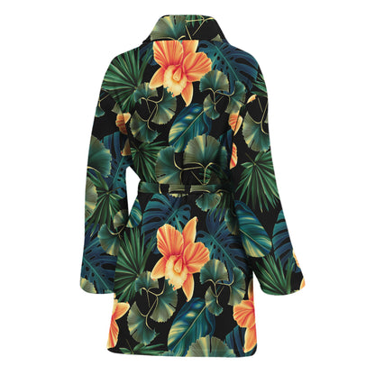 Tropical Leaf And Hawaiian Flower Print Women's Bathrobe