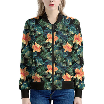 Tropical Leaf And Hawaiian Flower Print Women's Bomber Jacket