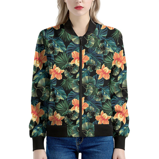 Tropical Leaf And Hawaiian Flower Print Women's Bomber Jacket