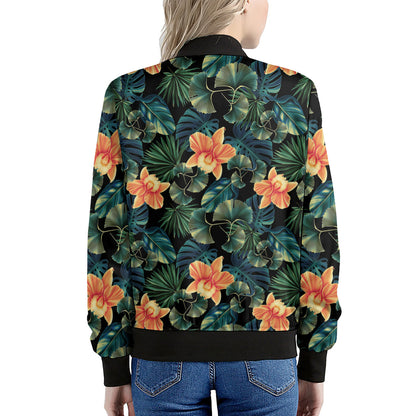 Tropical Leaf And Hawaiian Flower Print Women's Bomber Jacket